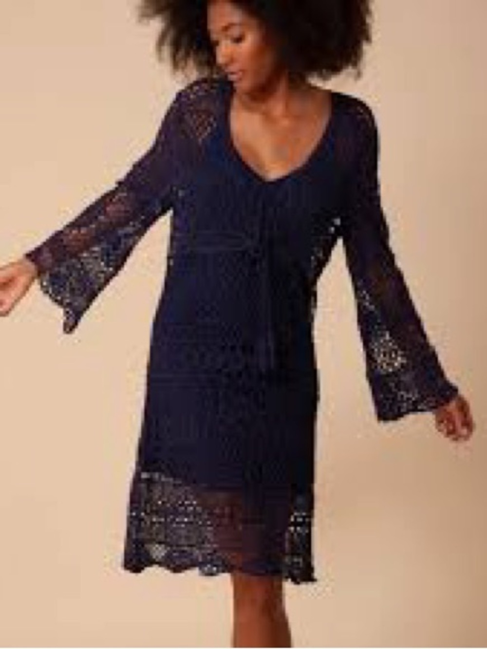 Hale Bob Navy Crochet Midi Dress Navy Blue Lace Long Sleeve Mini Shift Size L